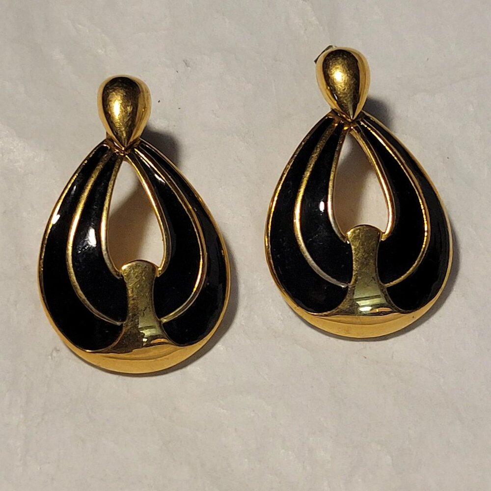 Vintage Napier Gold and Black Teardrop Pierced EArrings